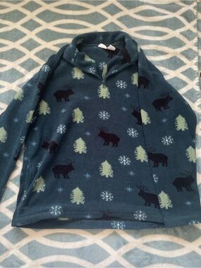 Cherokee Teal Fleece Zip-Up Sweater with Moose & Tree Motif